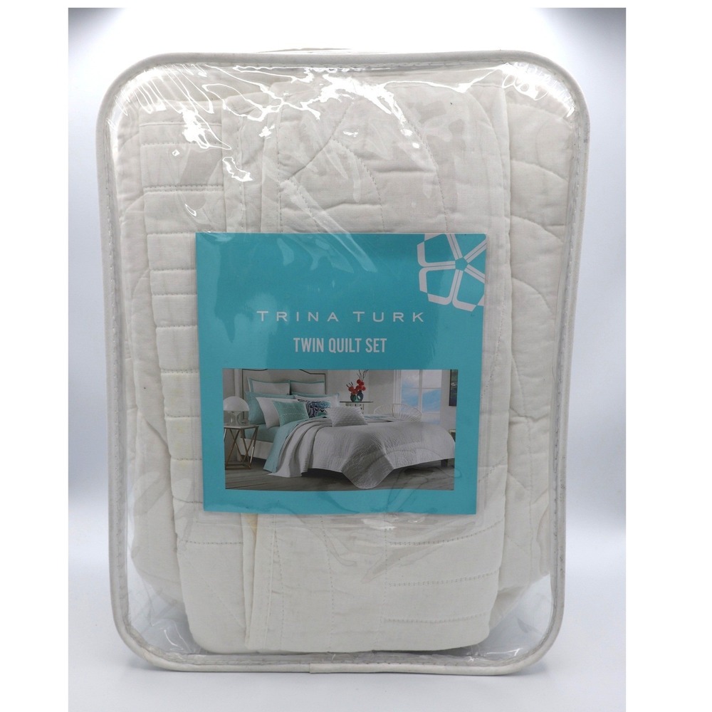 Trina Turk‎ Twin Quilt Set Sham White Cotton Coastal Tropical Palm Desert NEW